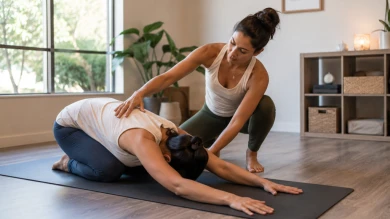 Instructor gently adjusting a student in child&rsquo;s pose during a private yoga session